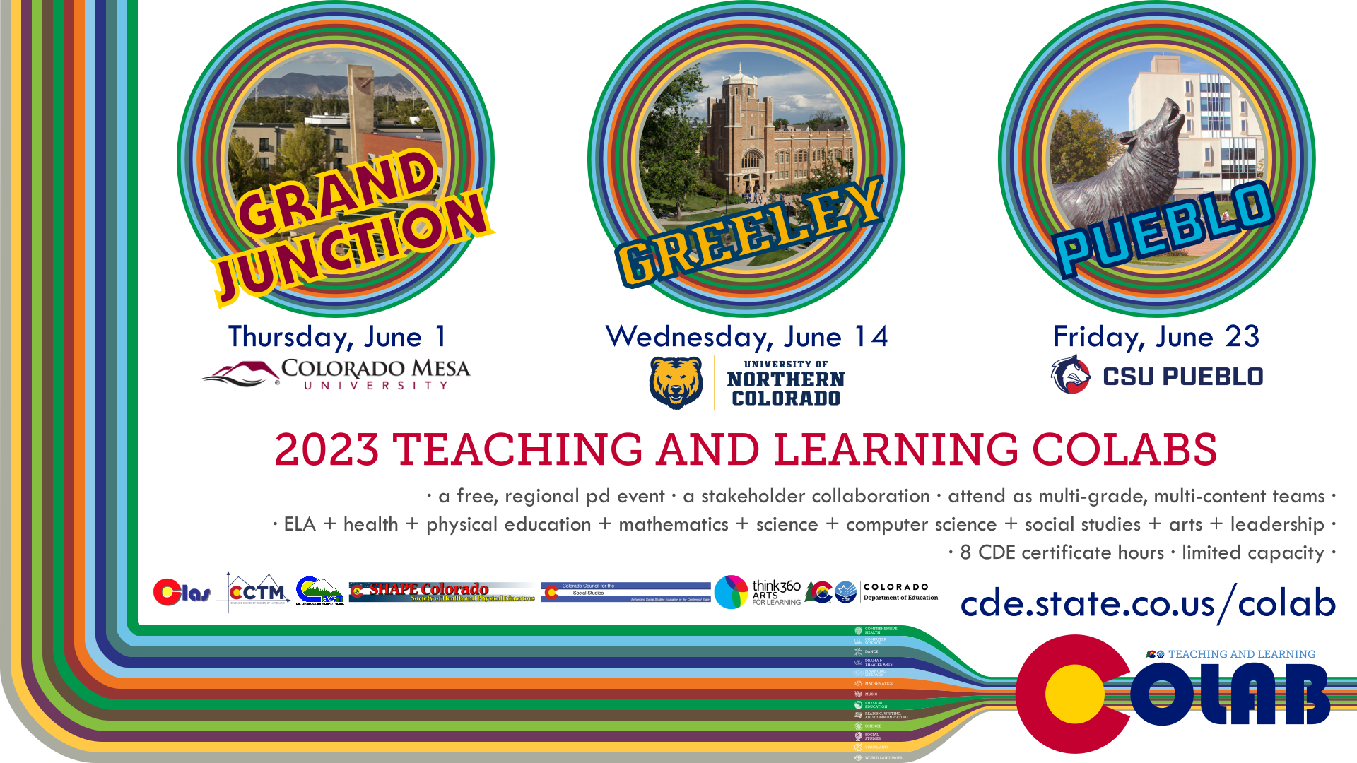 Register for this summer's Teaching and Learning CoLabs: Thursday, June 1: Grand Junction, hosted by Colorado Mesa University Register Here Wednesday, June 14: Greeley, hosted by the University of Northern Colorado Register Here Friday, June 23: Pueblo, hosted by CSU-Pueblo Register Here These are one-day, no-cost, multi-disciplinary regional professional development opportunities developed in partnership with Colorado's higher education institutions, professional teaching organizations (SHAPE Colorado), and CDE. This year's content areas include ELA, math, health, physical education, science, computer science, social studies, visual and performing arts, and school leadership. Schools are encouraged to attend a CoLab in teams, with teachers representing multiple grades and content areas. We are collaborating with SHAPE Colorado to identify engaging speakers for health and physical education and are planning on 6 breakout sessions to support physical education and 6 sessions to support health education. Registration and schedules can be found on the Teaching and Learning CoLabs website. For more information please contact Jamie Hurley, hurley_j@cde.state.co.us